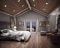 bedroom with slope lighting on plank wood ceiling