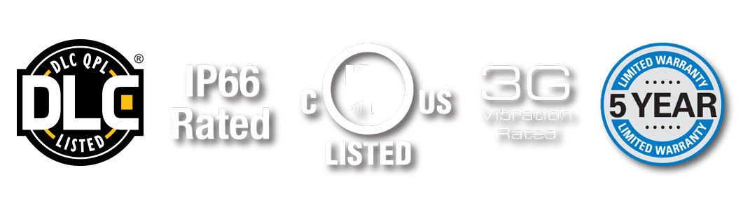 IP66 rated, cULus listed, 3G vibration rated, 5 Year Limited Warranty - Logos