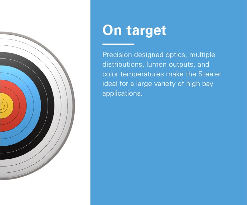 Right Half of archery target. Text reads: On target - Precision designed optics, multiple distributions, lumen outputs, and color temperatures make the Steeler ideal for a large variety of high bay applications.